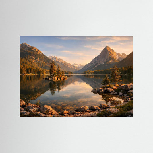 Querformatiges Landschafts-Poster mit Bergpanorama, Seeufer und spiegelnder Wasseroberfläche.
