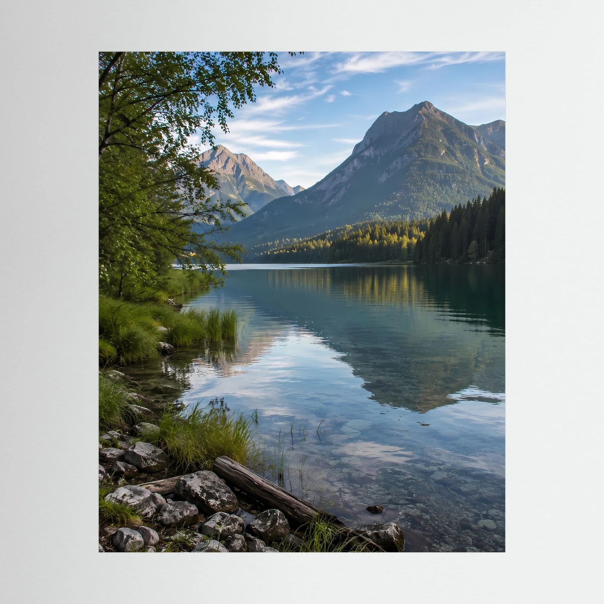 Hochformat-Poster mit Bergsee, klarer Wasserfläche und Felsen am Ufer