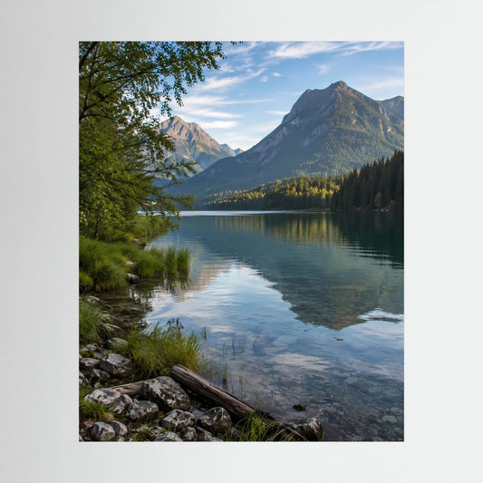 Hochformat-Poster mit Bergsee, klarer Wasserfläche und Felsen am Ufer
