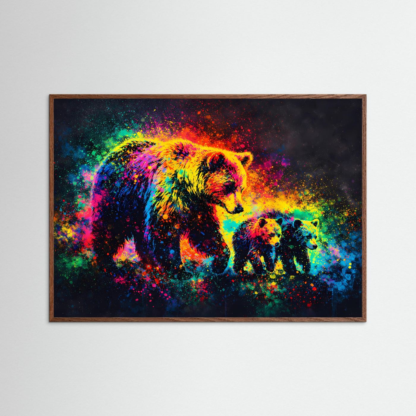 Bärenfamilien-Poster im Pop-Art-Splash: Bär mit Jungtier, Regenbogenfarben, dunkler Holzrahmen