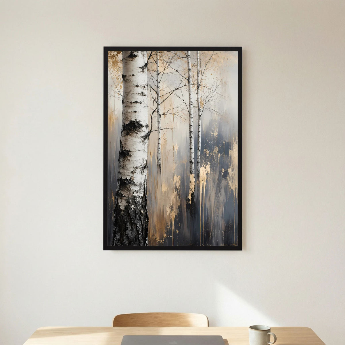 Hochformat-Poster mit Birkenwald-Motiv, schwarzer Rahmen, goldene Akzente im Nebel.