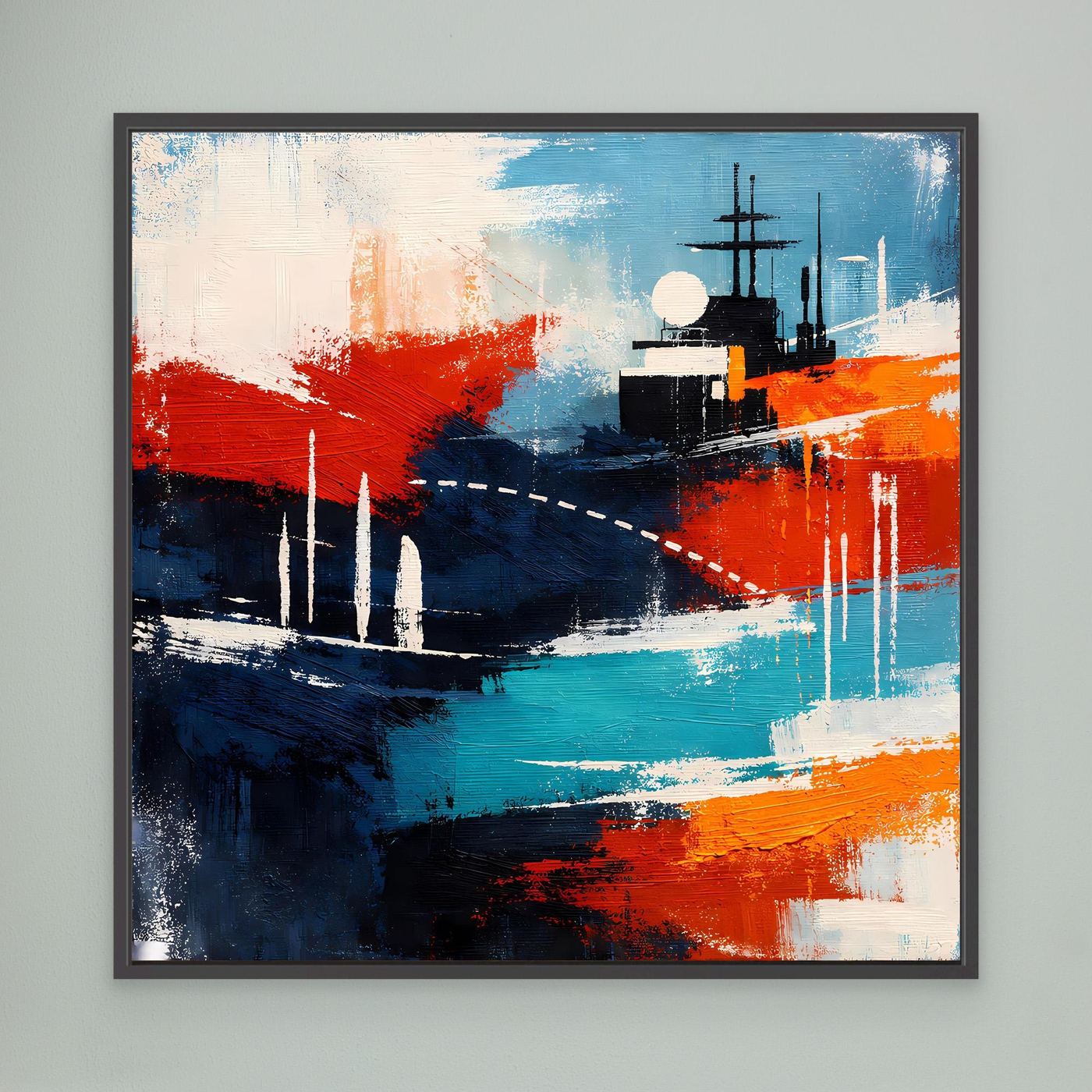 Leinwand-Wandbild mit abstraktem Schiff in Blau und Rot, türkis Akzenten, schwarz gerahmt