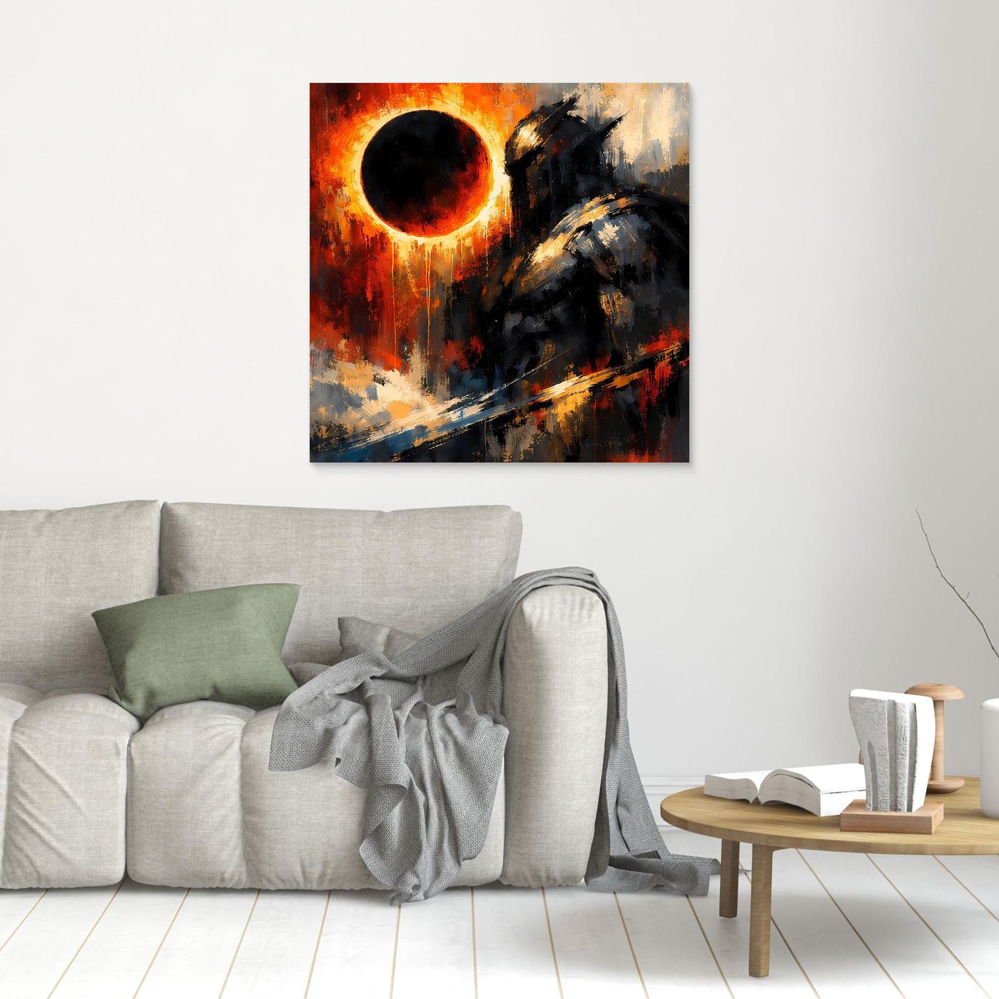 Wandbild Leinwand: kosmischer Ritter und leuchtende Eklipse-Sonne, ohne sichtbaren Rahmen