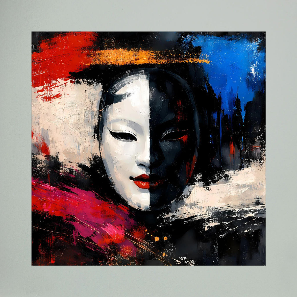 Nahansicht: Pop-Art-Leinwandbild mit Geisha-Maske, weißes Gesicht, schwarze Schattierung, rot-blau