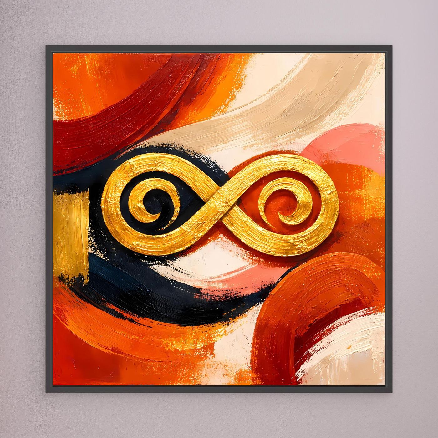 Leinwandbild mit goldenem Unendlichkeitszeichen im abstrakten Orange-Rot-Muster, schwarzer Rahmen