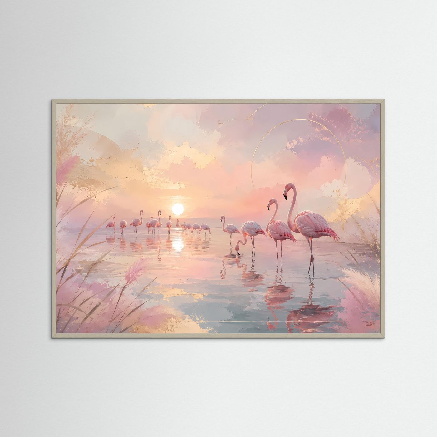 Flamingos im Sonnenuntergang | Pastell Wandbild mit Rosa Flamingos | Abstrakte Küstenlandschaft | Modernes Leinwandbild | Premium Poster