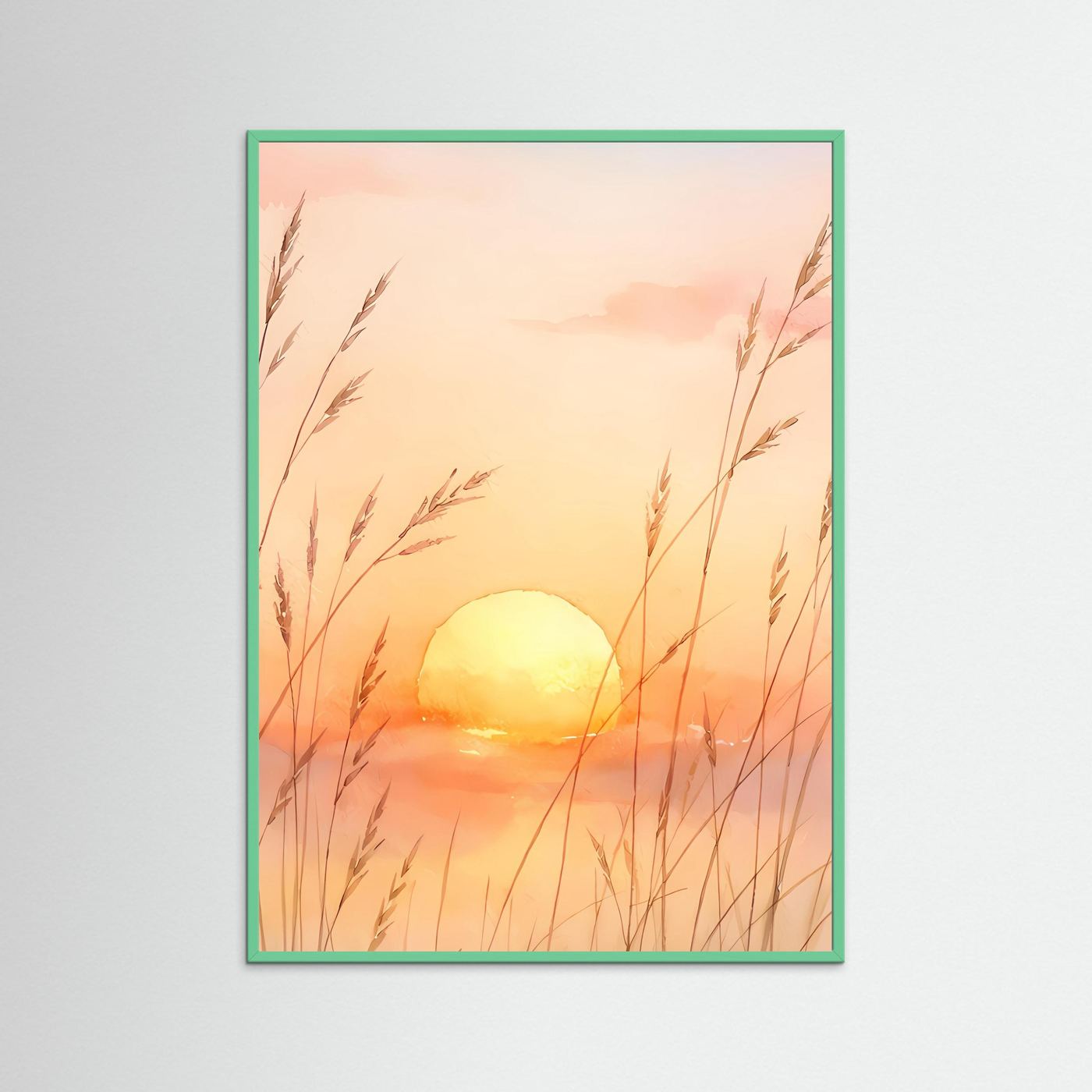 Wandbild mit Sonnenuntergang über Gräsern, grün gerahmt