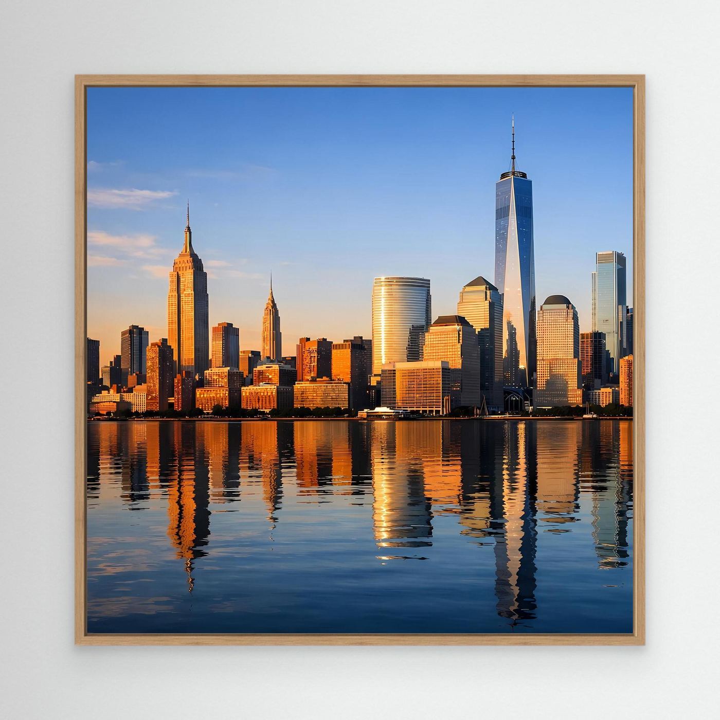 Leinwand-Wandbild im Eichenrahmen mit New-York-Skyline bei Sonnenuntergang und Wasserreflexion