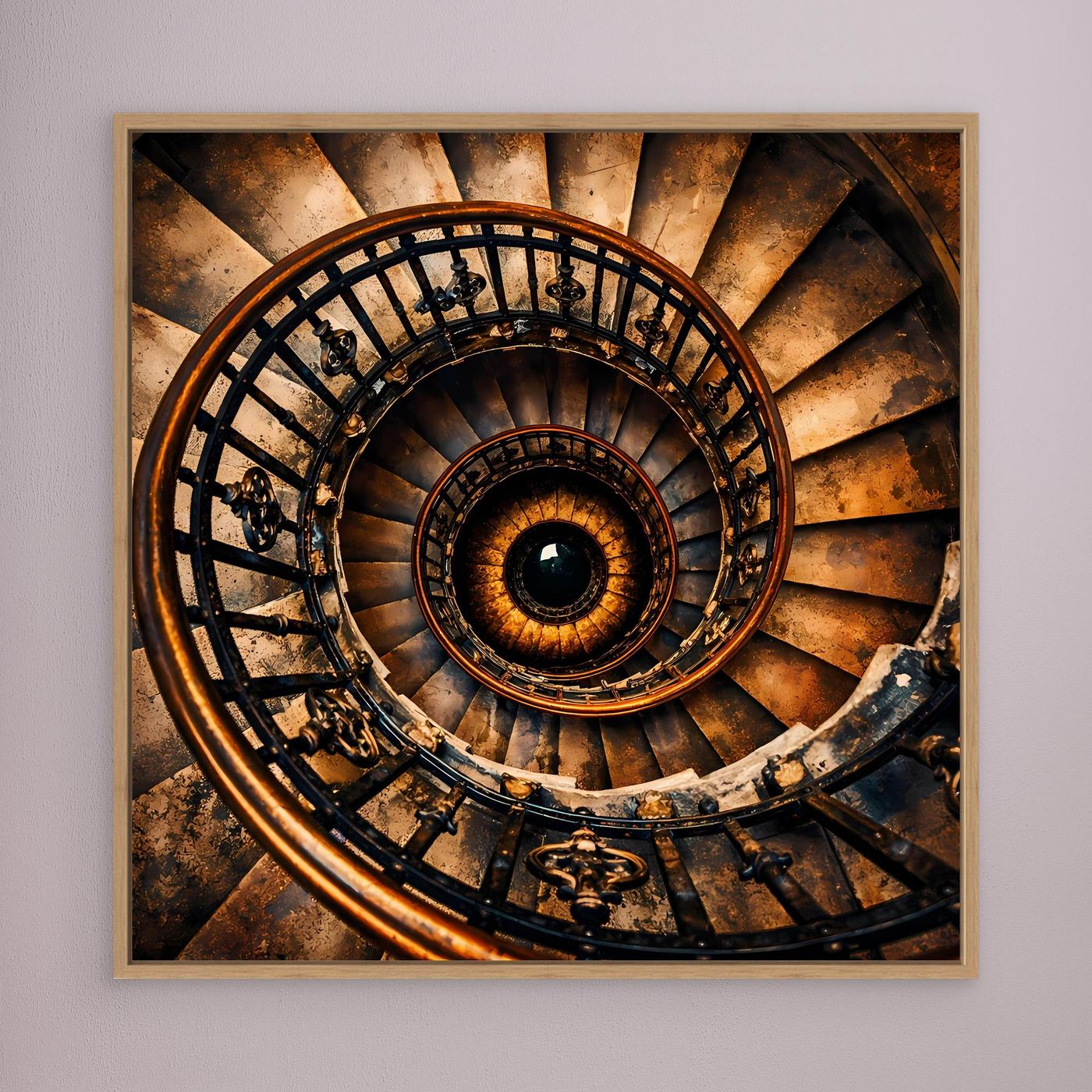 Leinwandbild Wendeltreppe, gold-braun und schwarz, braun gerahmt