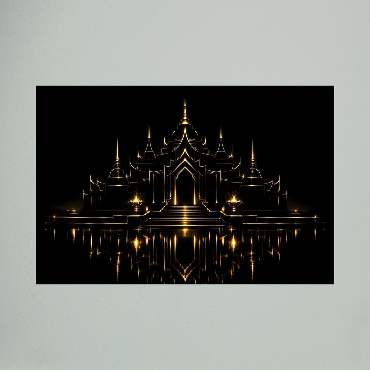 Wandbild im Querformat: goldene Tempelanlage mit Türmen und Spiegelung auf schwarzem Grund