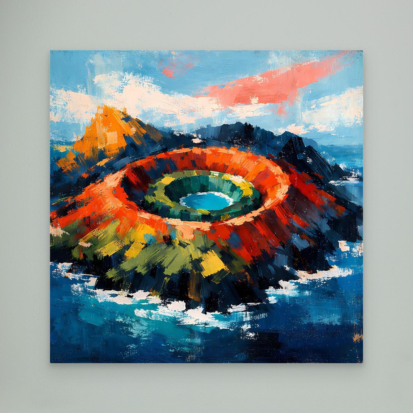 Abstraktes Leinwand-Wandbild mit Vulkankrater im Meer, Regenbogenring und Meerfarben