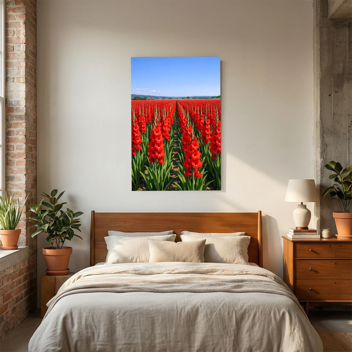 Wandbild über dem Bett: rotes Gladiolenfeld mit grünen Blättern und blauem Himmel