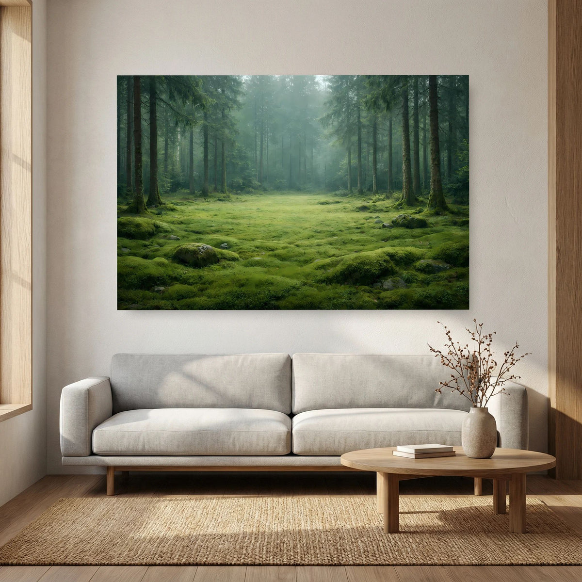 Wandbild Querformat mit Waldlichtung und Moosteppich, im Morgennebel sanft beleuchtet.