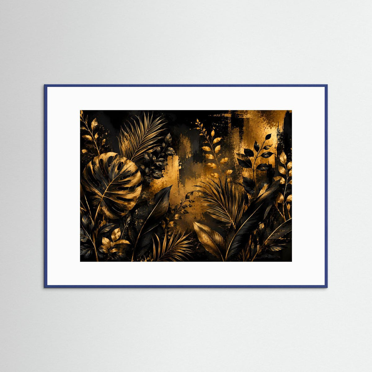 Querformat-Poster mit goldenen Tropenblättern auf schwarzem Hintergrund, blauer Rahmen