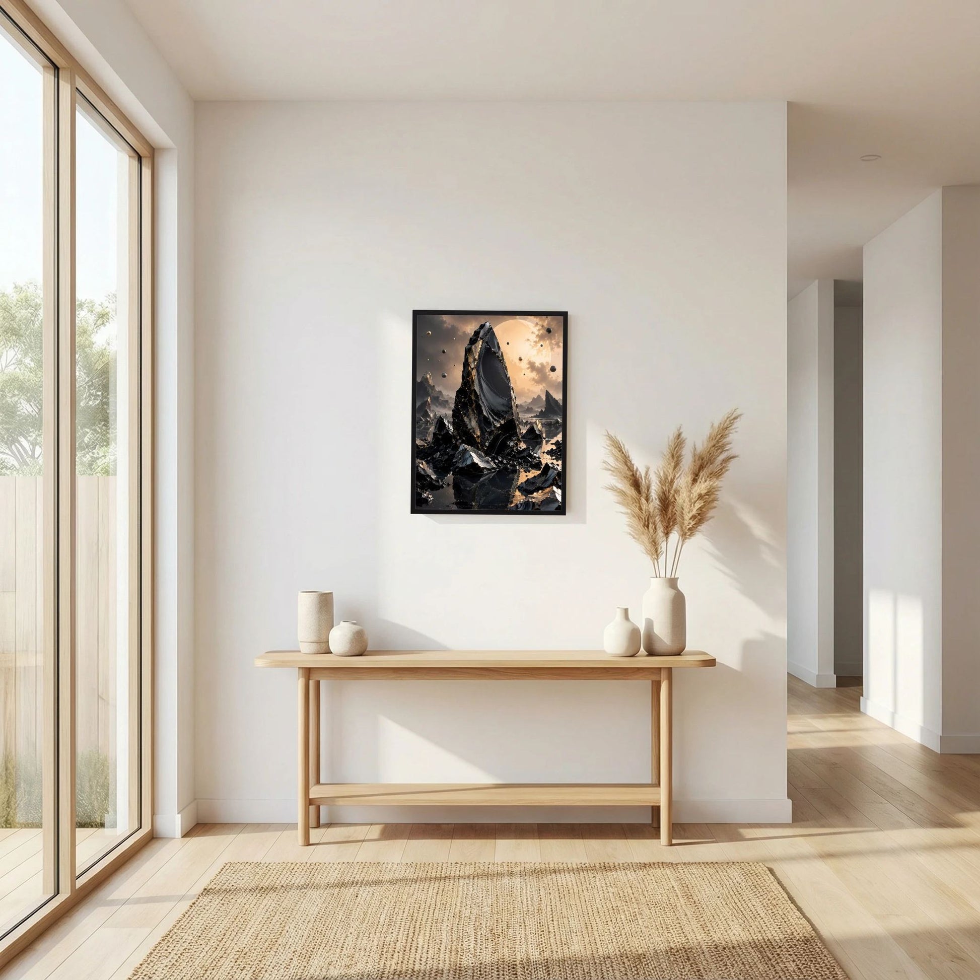 Poster mit schwarzem Rahmen: gold leuchtende Wolken über schwarzer Felslandschaft