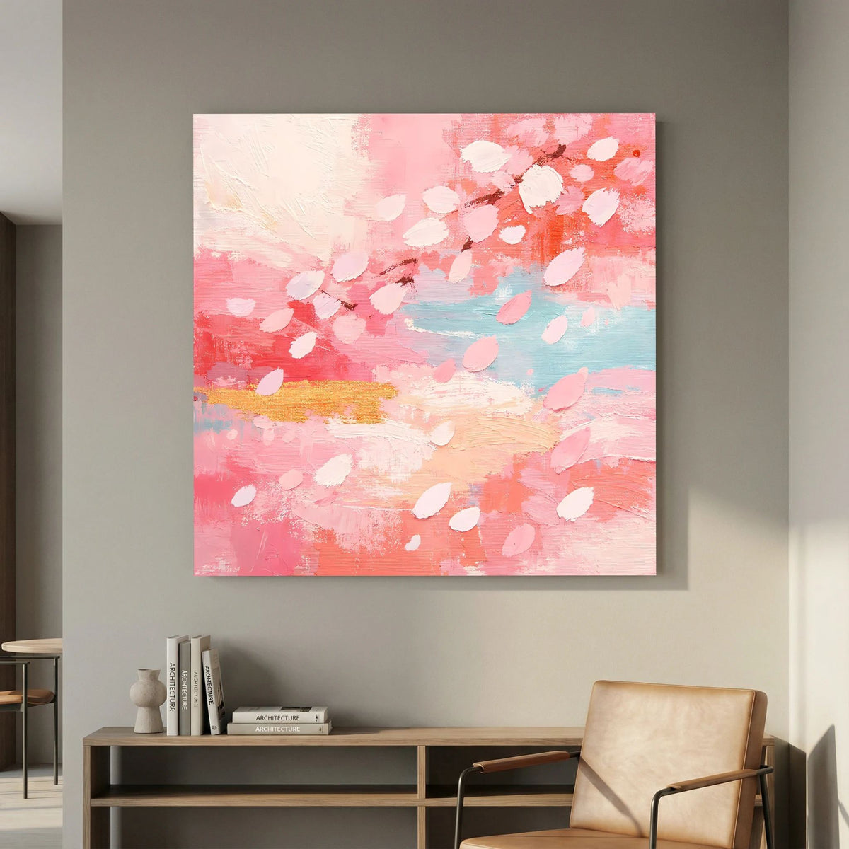 Quadratisches Leinwand-Wandbild: Kirschblüten-Abstrakt in Rosa, Beige und Türkisblau