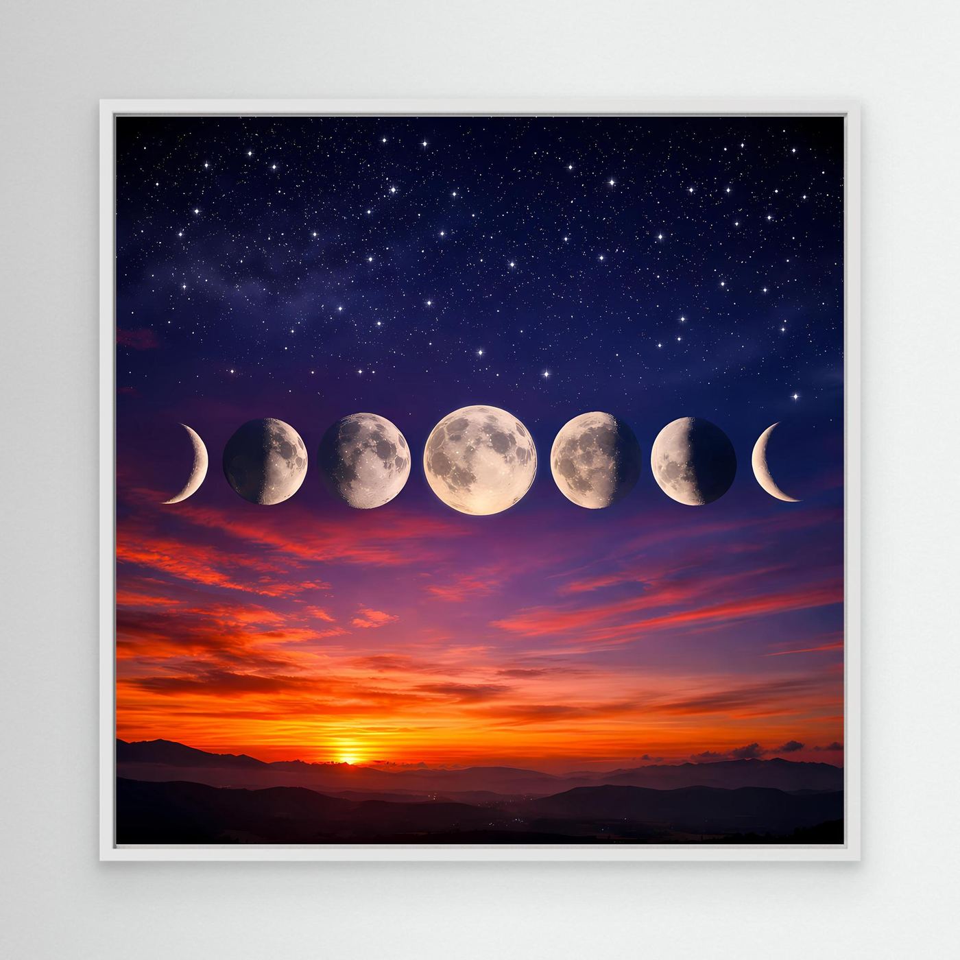 Leinwandbild mit Sternenhimmel und Mondphasen in weißem Rahmen, Querformat