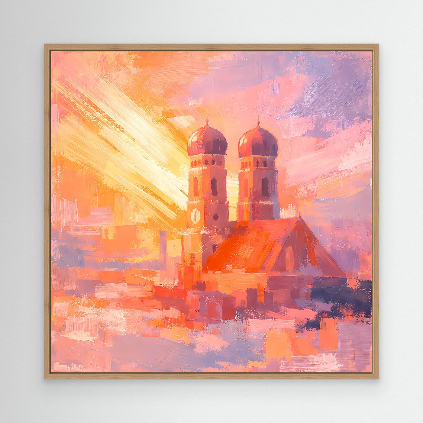 Premium Leinwand Frauenkirche München im Sonnenaufgang | Abstraktes Skyline Wandbild Bayern