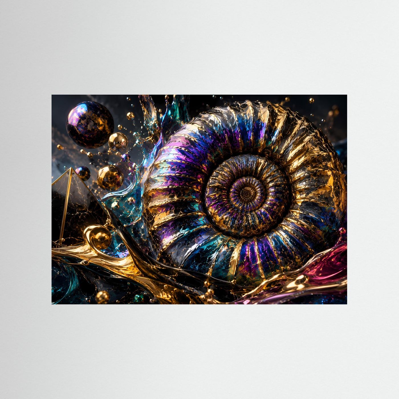 Ammonit Fossil Wandbild | Luxuriöse Geoden Kunst | Abstrakte Gold Blau Lila Wanddekoration | Moderne Premium Leinwand | Geometrische Naturkunst