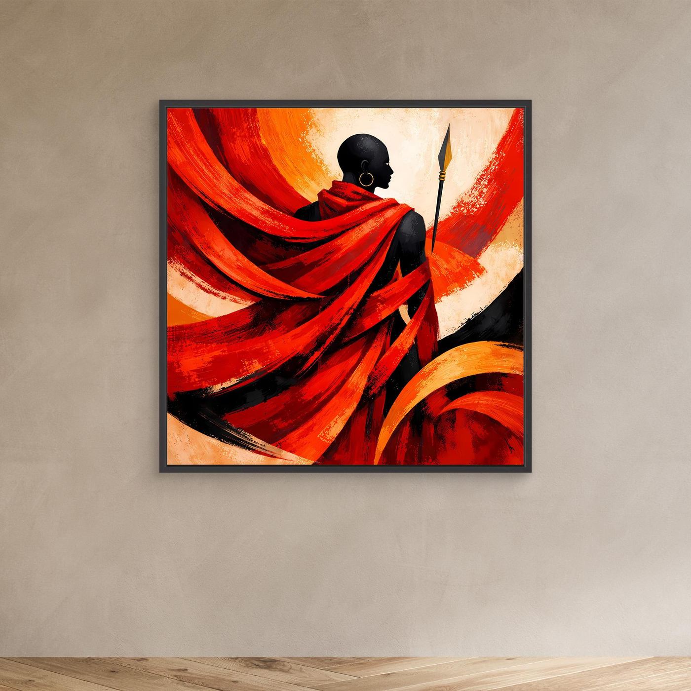 Leinwand-Wandbild mit Krieger-Silhouette und Speer, rotes Gewand im schwarzem Rahmen