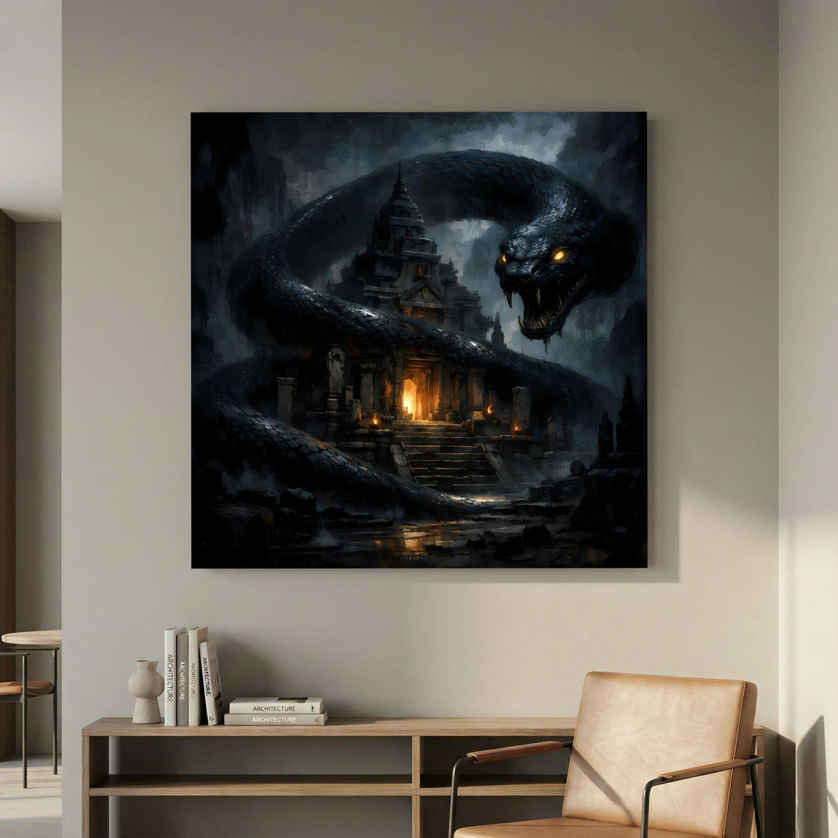 Fantasy-Leinwandbild mit gewundener schwarzer Riesenschlange und dunklem Tempelbau