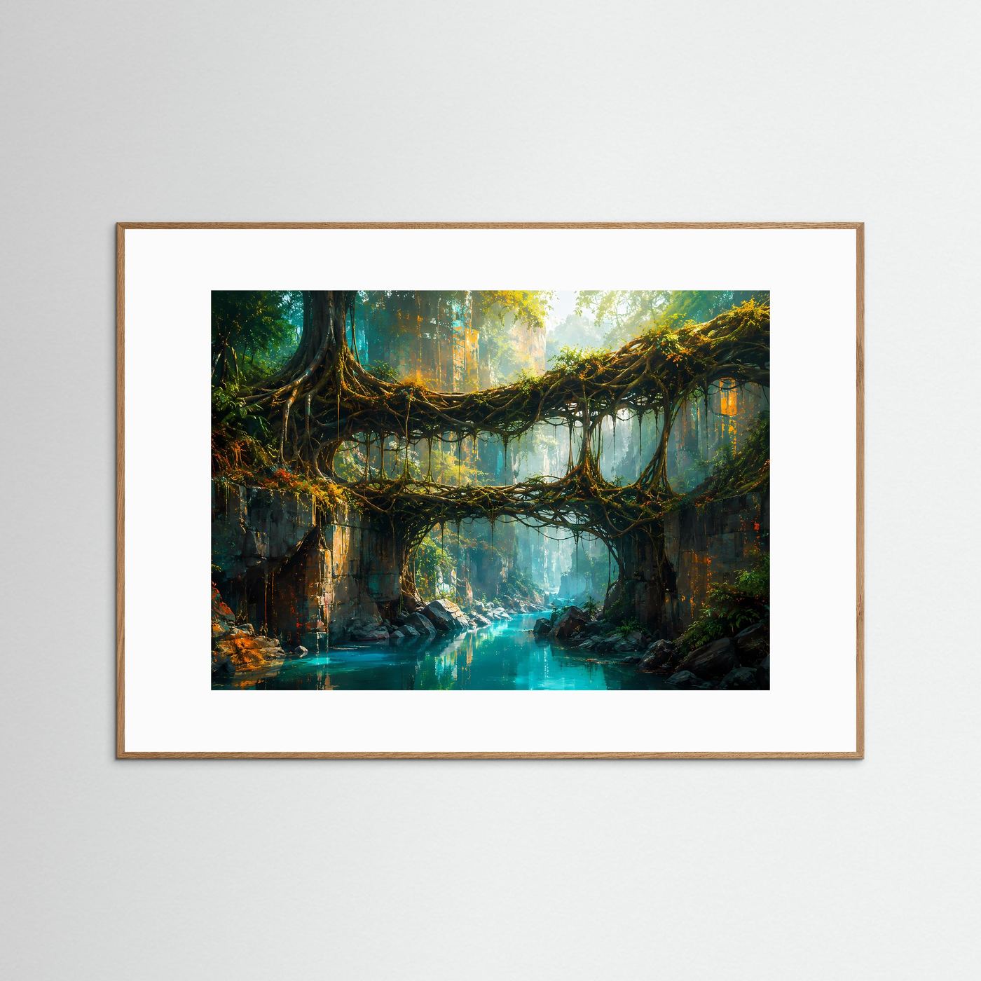 Gerahmtes Poster: mystischer Regenwald mit Wurzelbrücke, heller Holzrahmen, Querformat