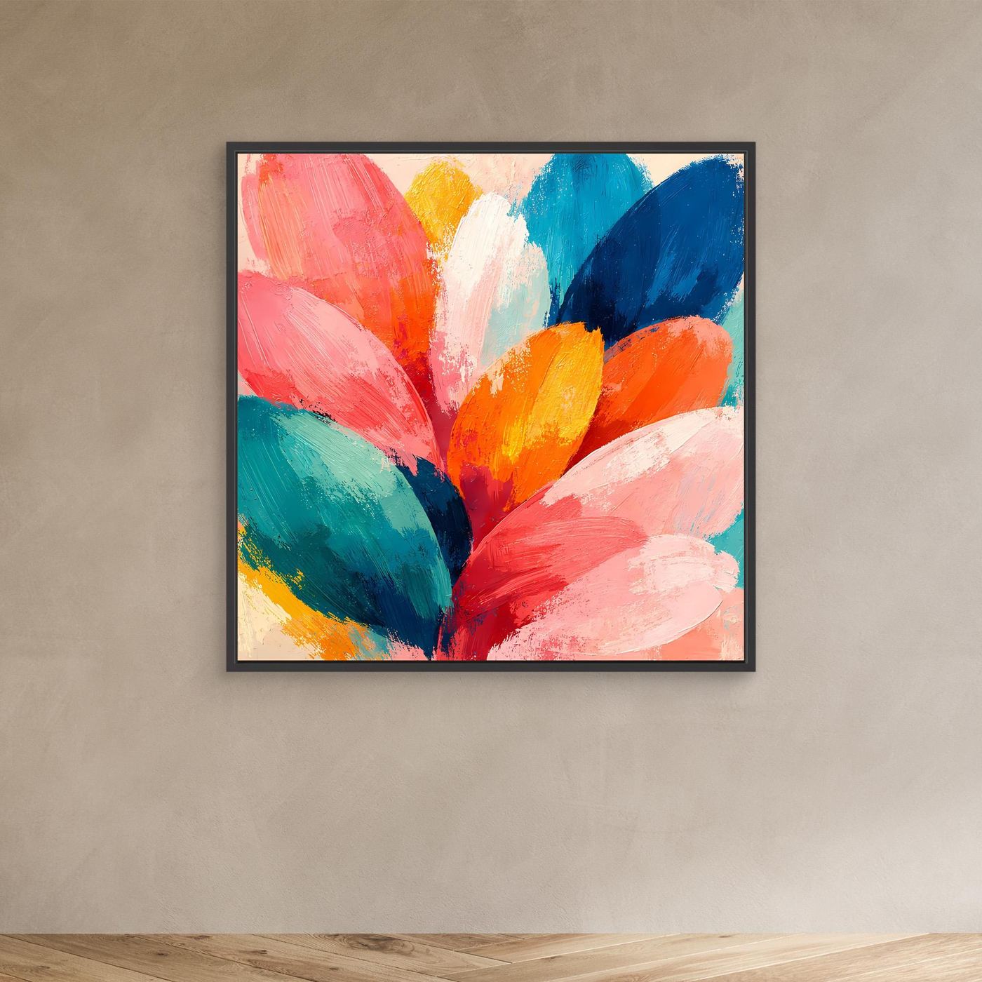 Abstraktes Blüten-Leinwandbild mit bunten Pinselstrichen, schwarzer Rahmen