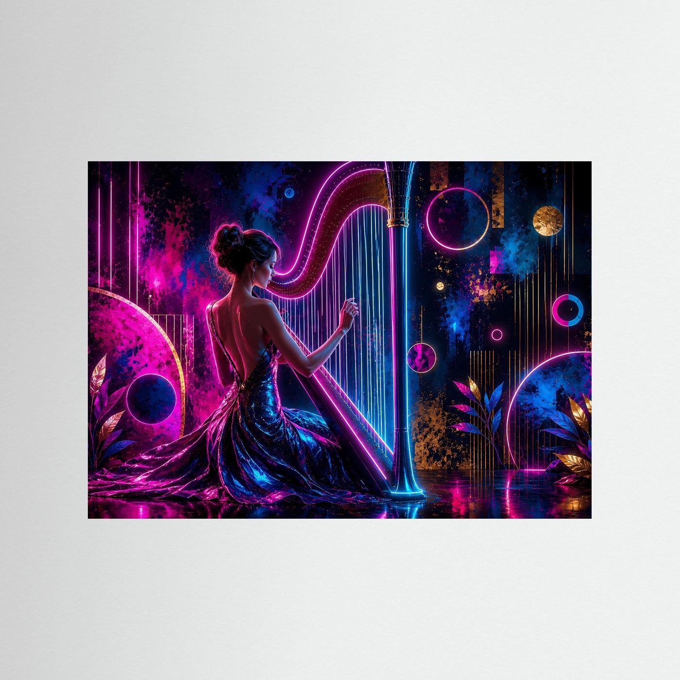 Harfenspielerin im Neonlicht | Moderne Musik Wandkunst in Pink & Blau