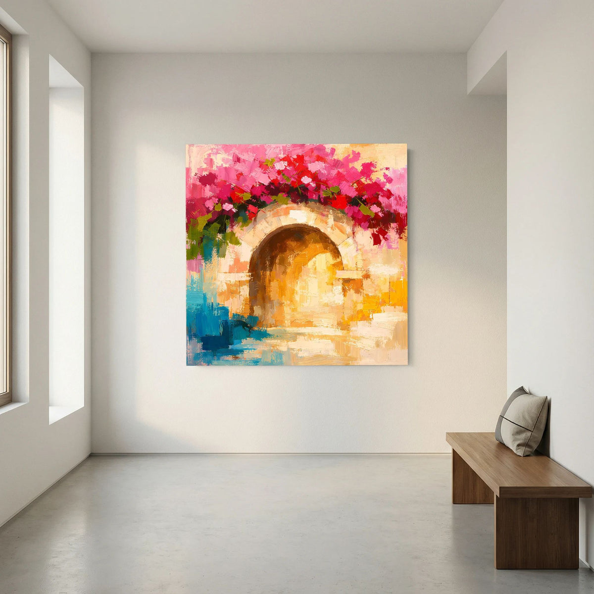 Wandbild mit abstraktem Torbogen und Bougainvillea in Pink-Blau, hellbrauner Rahmen