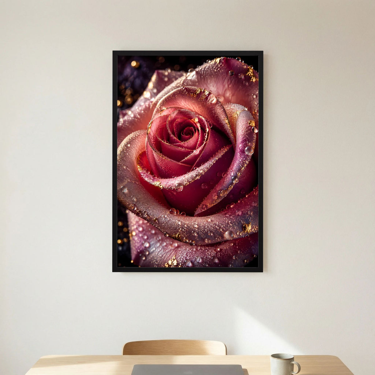 Hochformat-Poster mit roter Rose und Goldglanz, viele Wassertropfen im schwarzen Rahmen