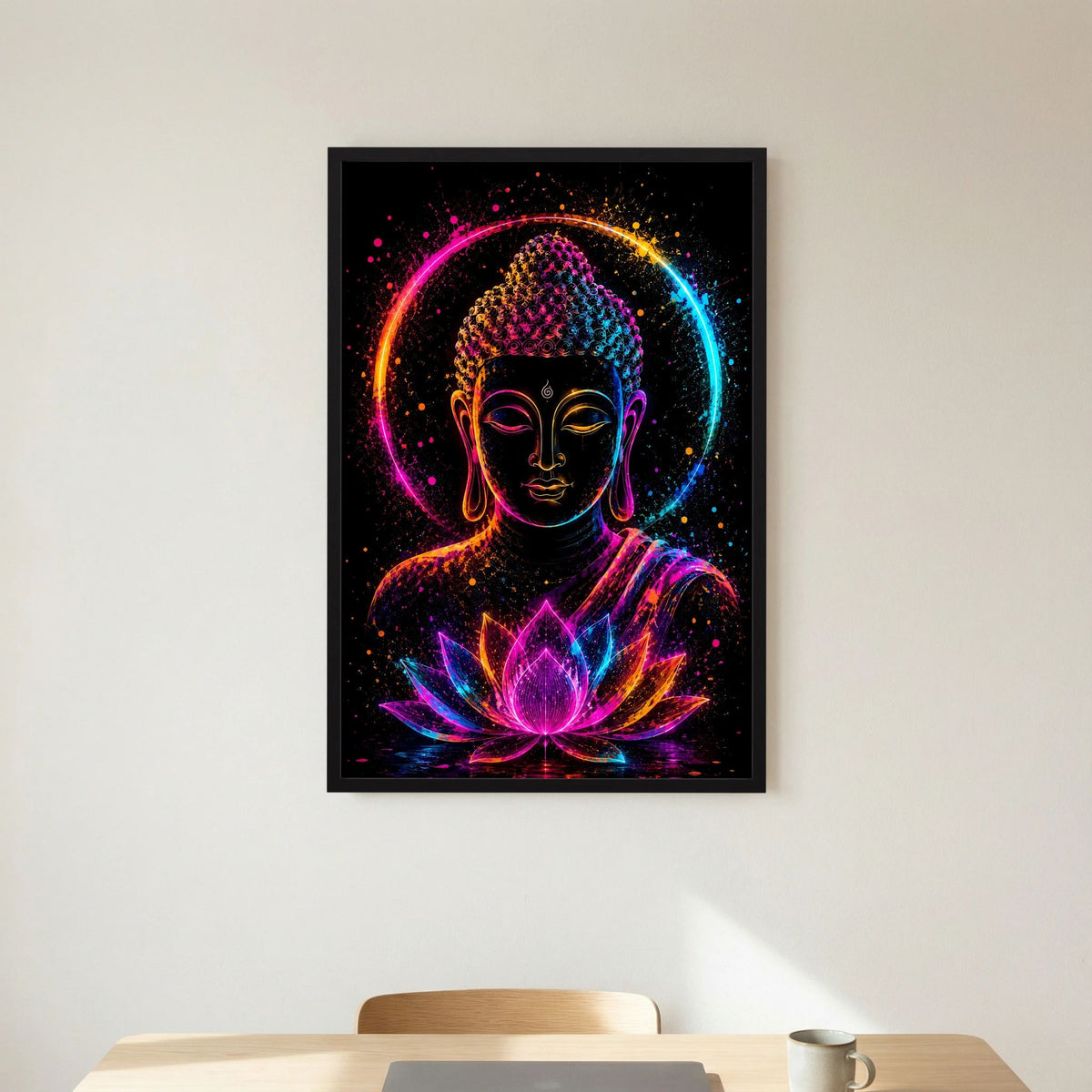 Leuchtendes Buddha-Neonposter mit Lotussymbol, schwarzer Rahmen