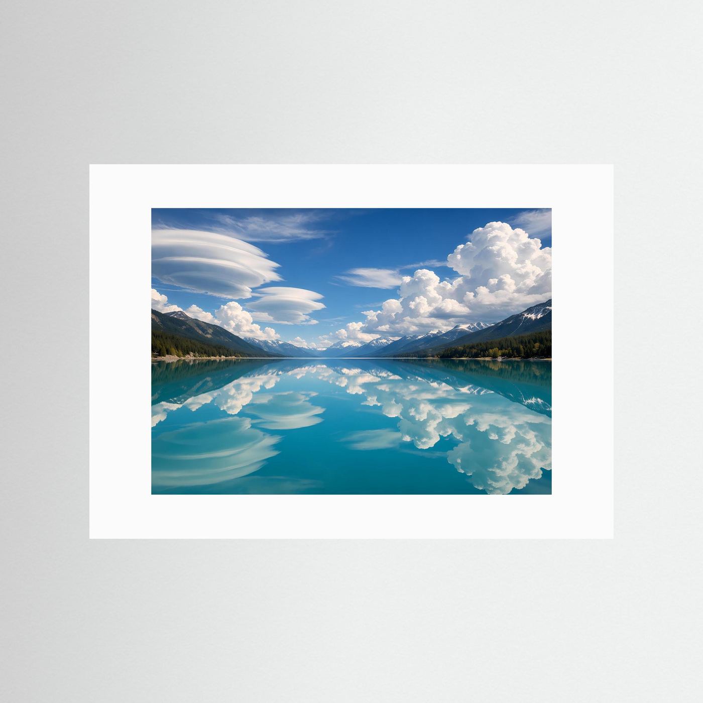 Poster Bergsee mit Wolkenreflexen, weißes Passepartout ohne Rahmen