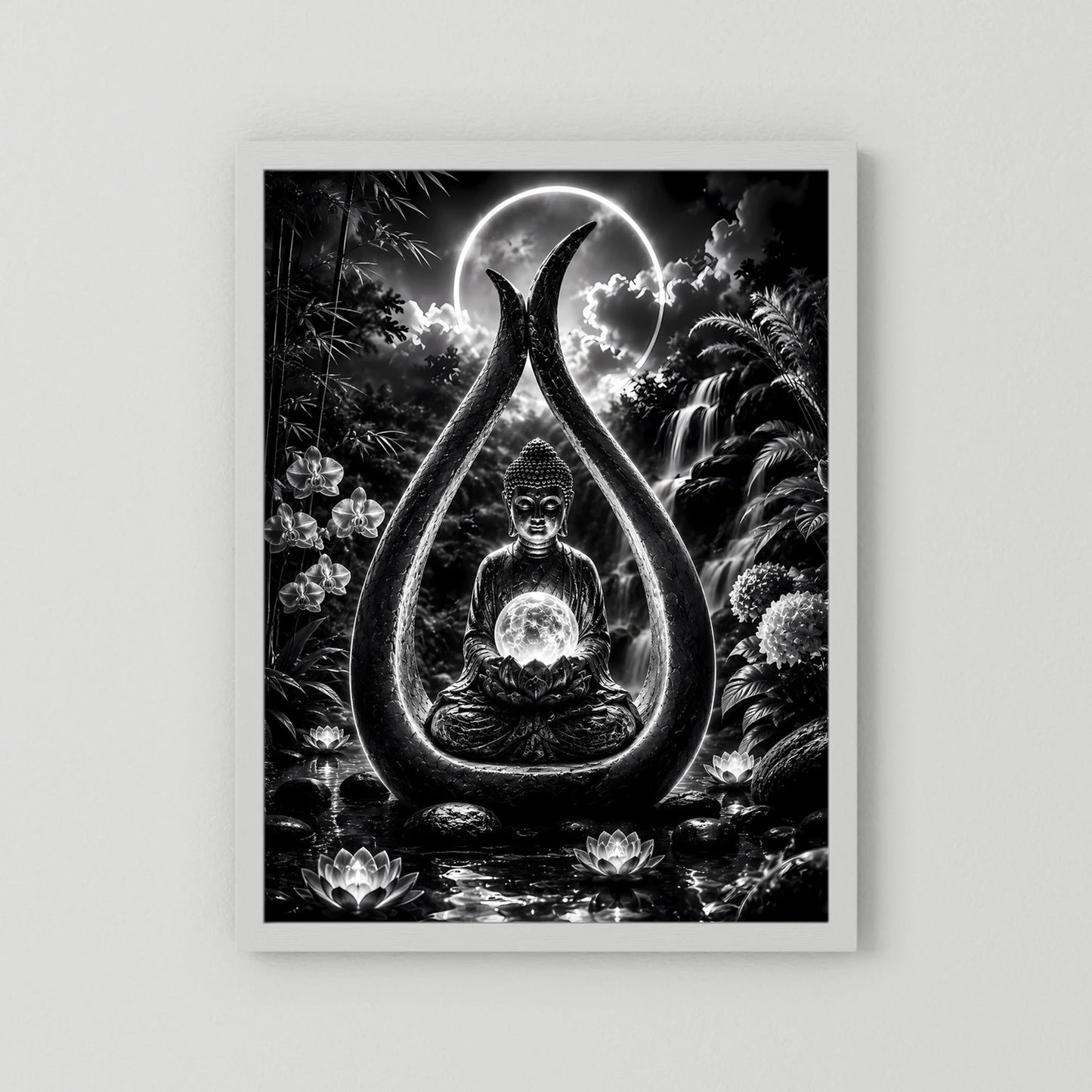 Hochformatiges Zen-Poster mit sitzendem Buddha im Tropfen-Motiv, Schwarzweiß, mit weißem Passepartout.