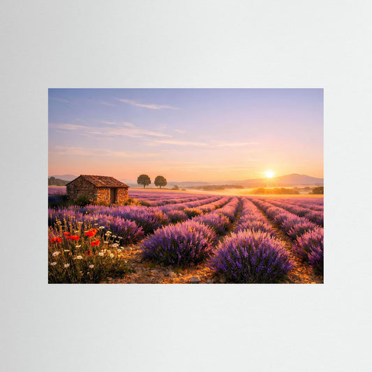 Querformat-Poster mit Lavendelfeld, Steinhütte und Sonnenaufgang über dem Feld