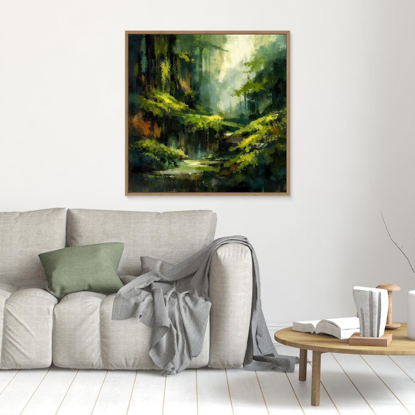 Wandbild aus Leinwand: Dschungelpfad mit grünen und gelben Farbakzenten, Holzrahmen