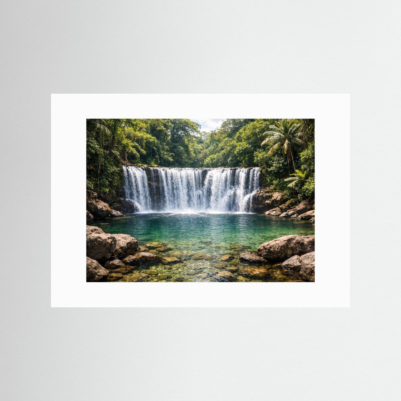 Querformat-Poster mit Dschungel-Wasserfall und Naturbecken, mit weißem Passepartout