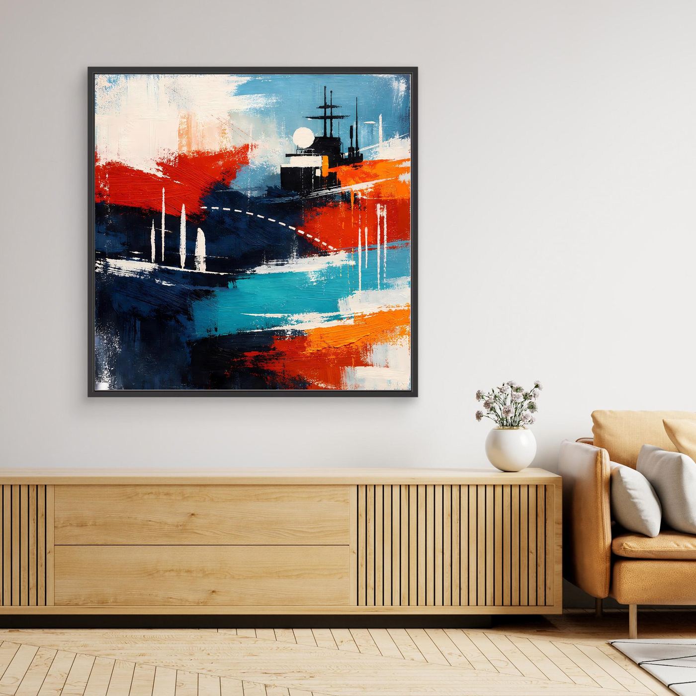Leinwand-Wandbild mit abstraktem Schiff in Blau-Orange mit schwarzem Rahmen
