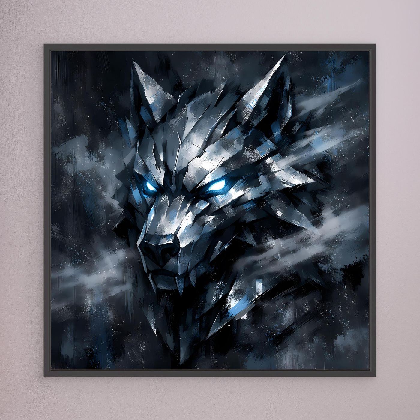 Wandbild mit geometrischem Wolf, blau leuchtende Augen, dunkler Rahmen