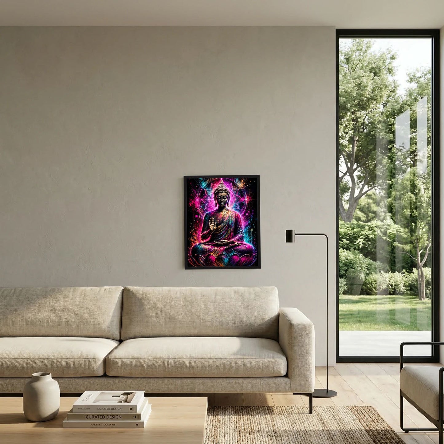 Neon-Buddha-Wandbild im schwarzen Rahmen: Buddha auf Lotus in Pink/Türkis