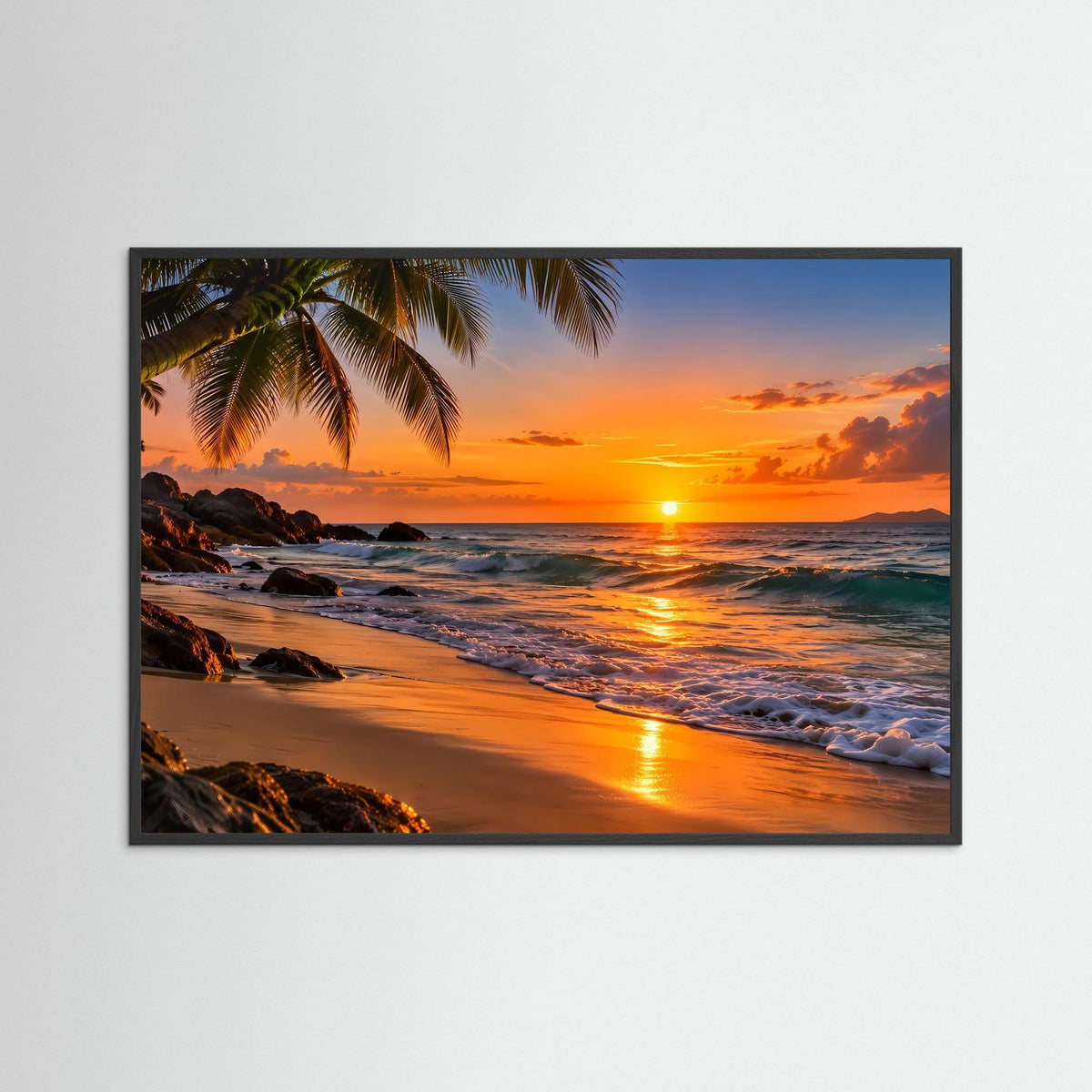 Poster im Querformat mit Palmen und Sonnenuntergang am Strand, schwarzer Rahmen