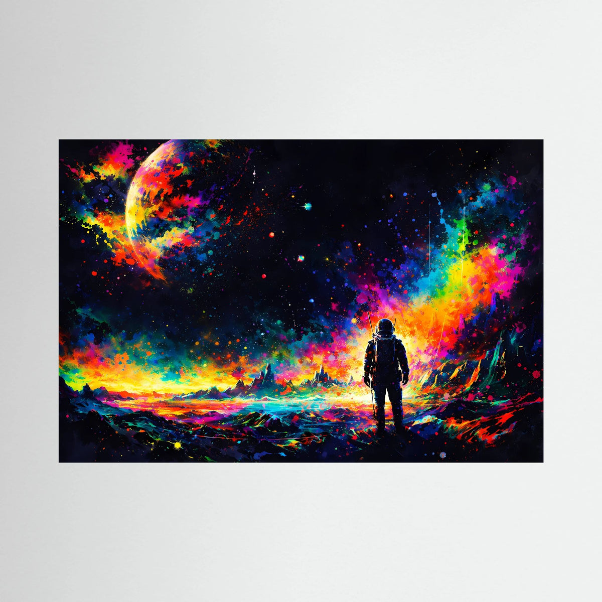 Abstraktes Weltraum-Wandbild mit Astronautensilhouette und Neonfarben am Horizont