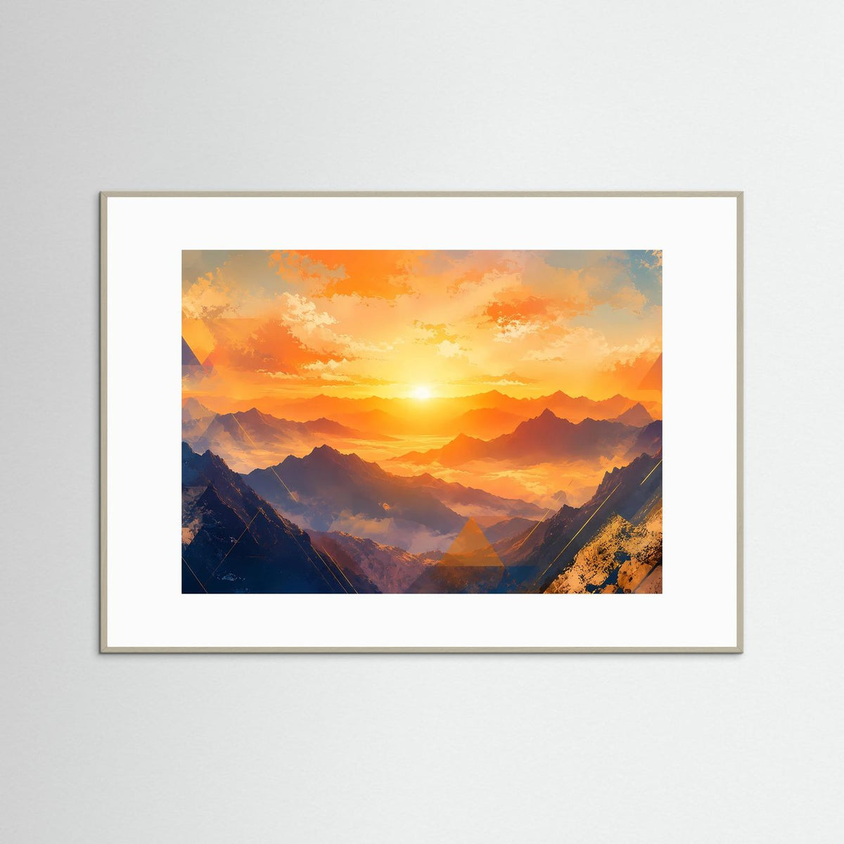 Gerahmtes Landschaftsbild mit Bergpanorama im Sonnenuntergang, orange-blau, weißer Rahmen