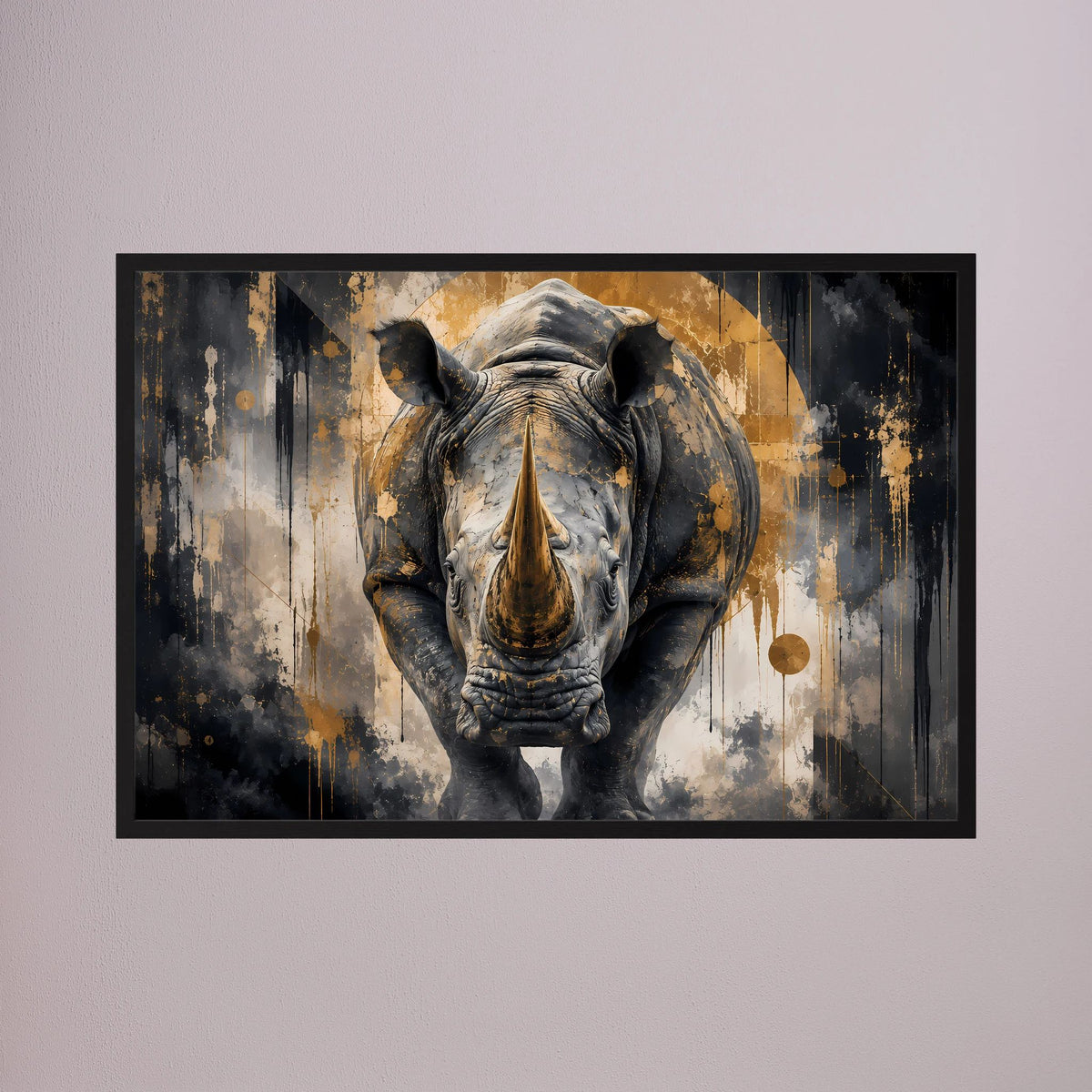 Großansicht: Abstraktes Nashorn-Poster (Querformat) mit schwarzem Rahmen, schwarz-goldenes Motiv