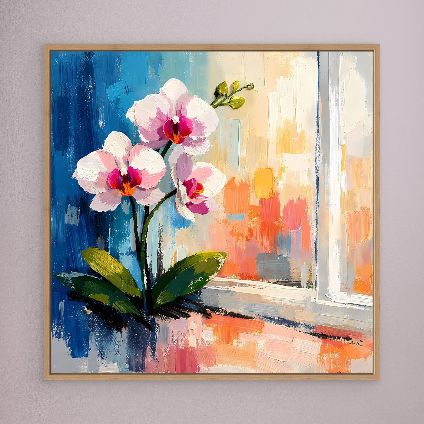 Leinwandbild mit weißen Orchideenblüten und Fensterlandschaft, goldbrauner Holzrahmen