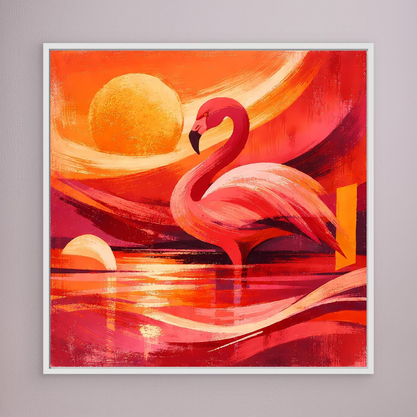 Wandbild Leinwand mit rotem Flamingo und Sonnenmotiv, weißer Rahmen