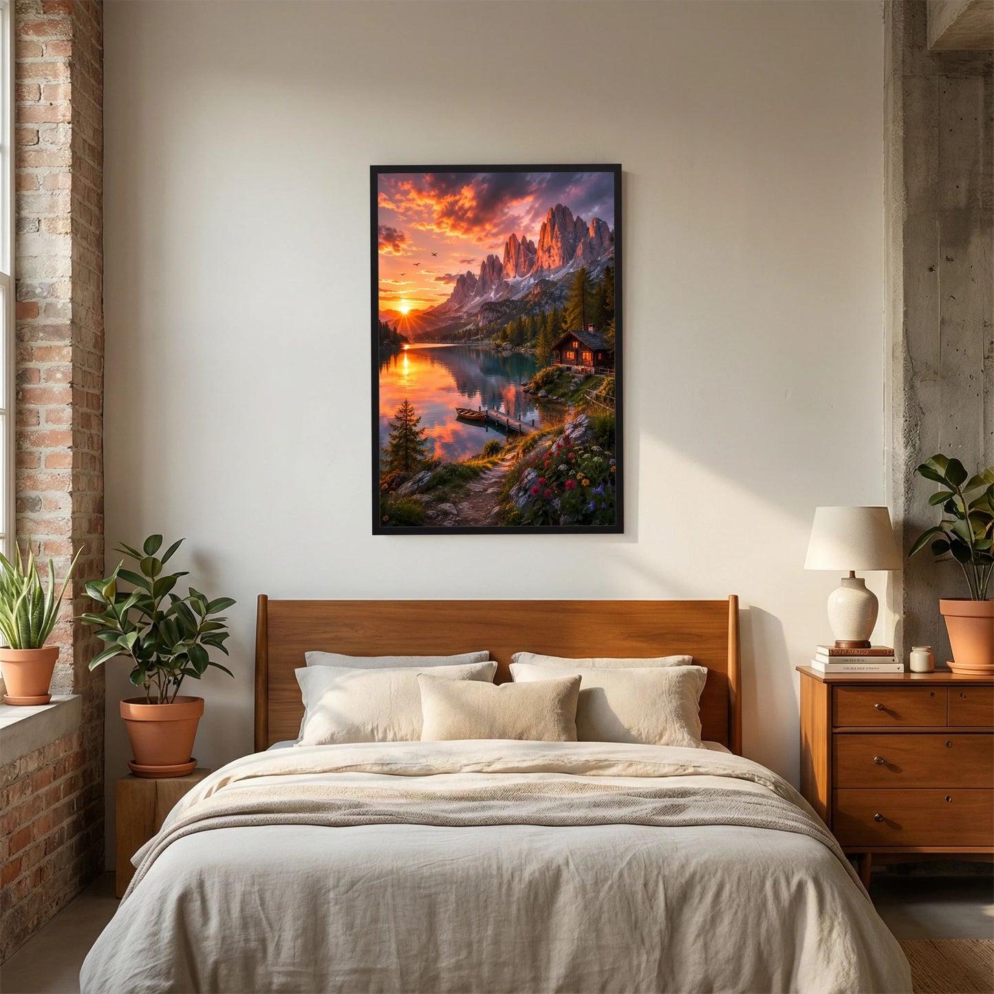 Hochformatiges Poster mit Sonnenuntergang, See und Berghütte, schwarzer Rahmen