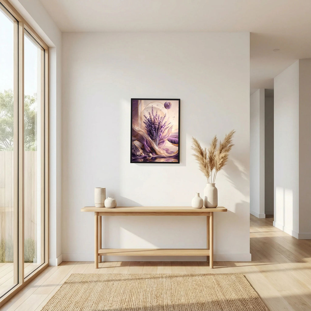 Hochformat-Poster mit violettem Lavendel und pastelligem Hintergrund, goldene Akzente, schwarz gerahmt