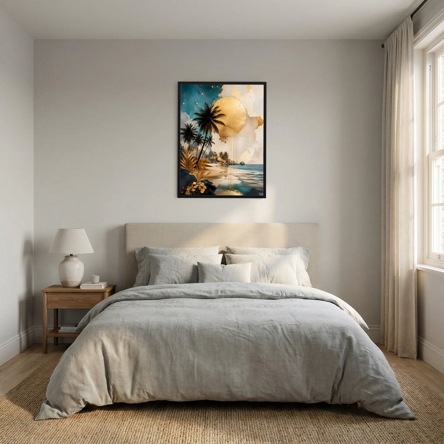 Gerahmtes Poster mit tropischem Strandmotiv, Palmen und goldener Sonne