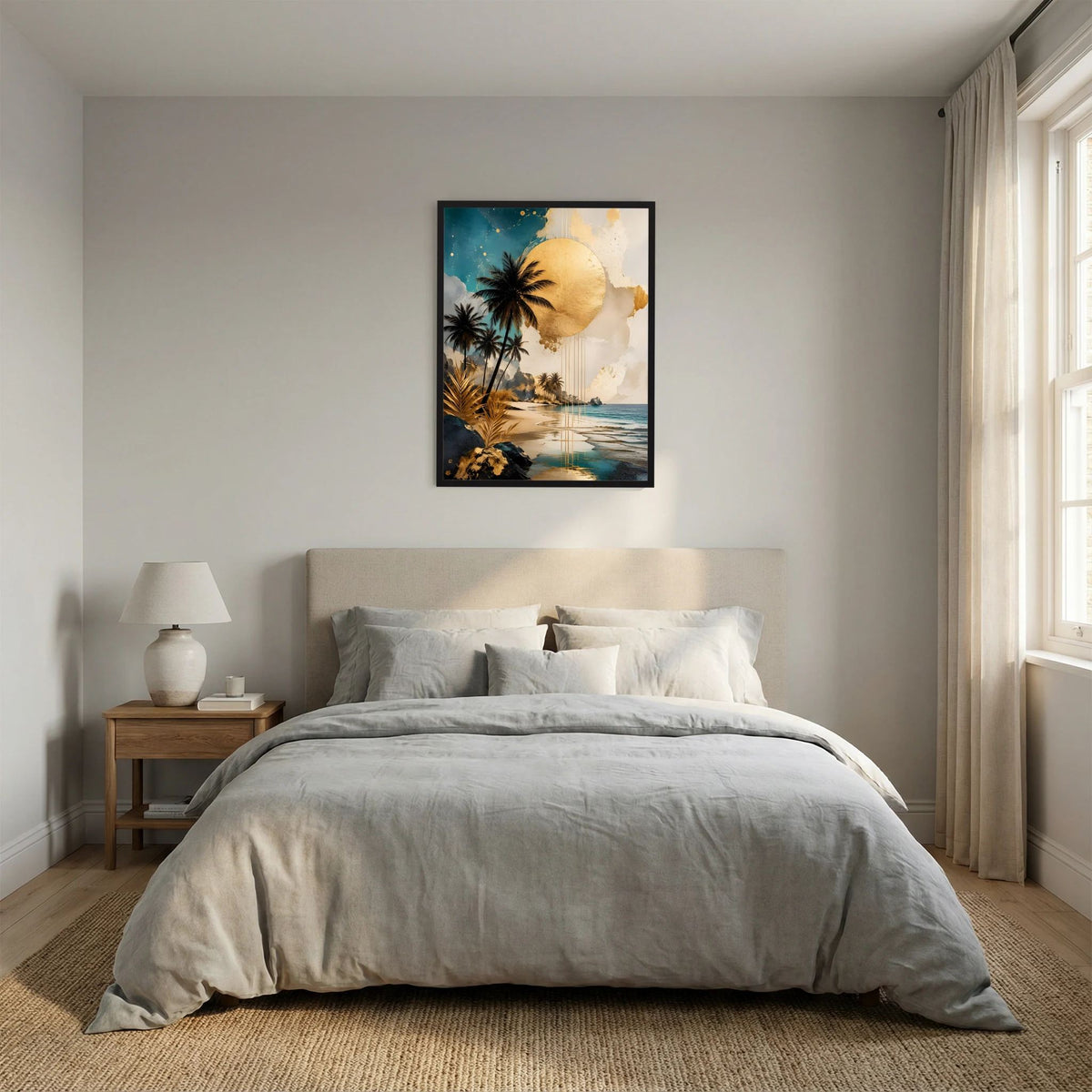 Gerahmtes Poster mit tropischem Strandmotiv, Palmen und goldener Sonne