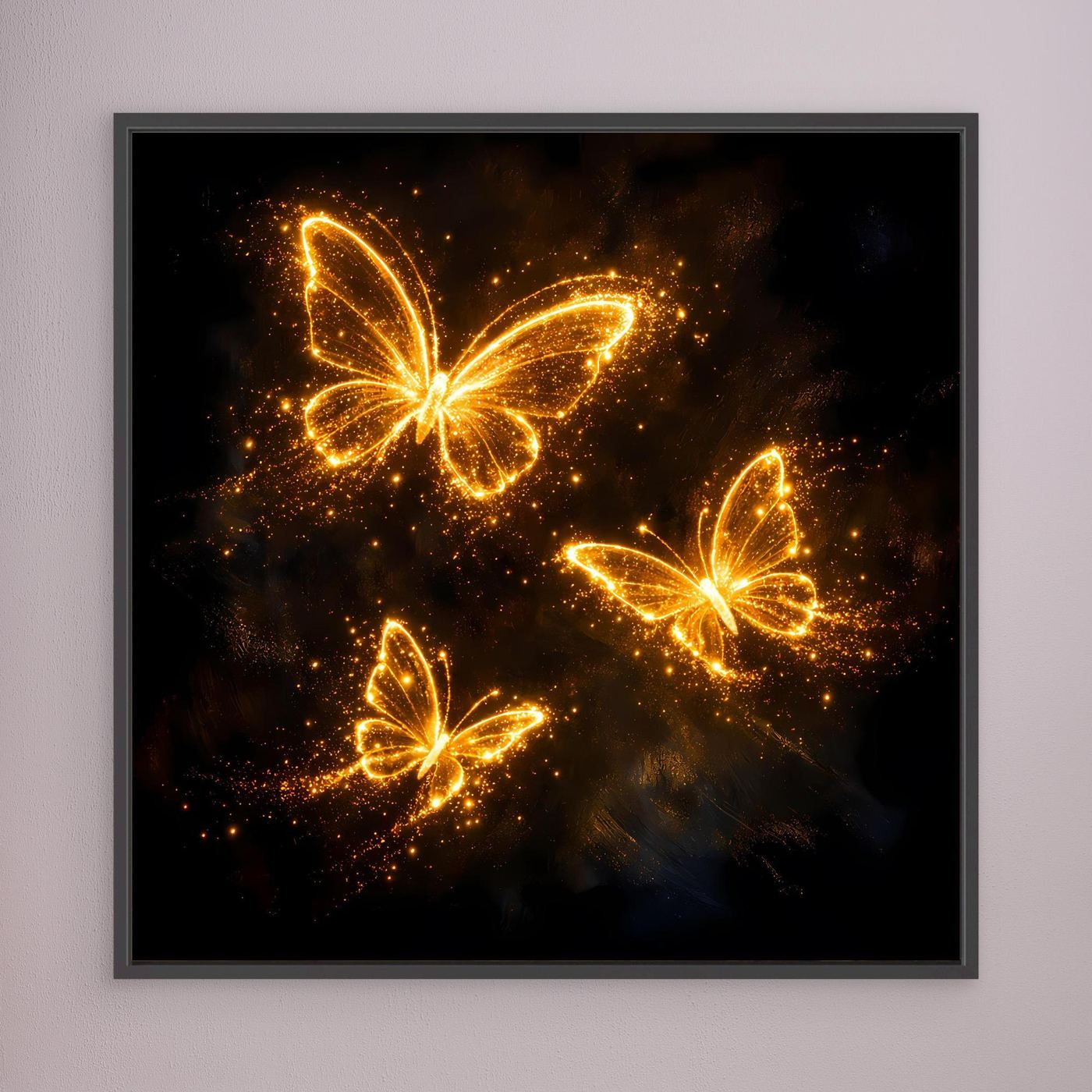 Premium Leinwand Leuchtende Schmetterlinge in Gold | Elegantes Fantasy Wandbild abstrakt